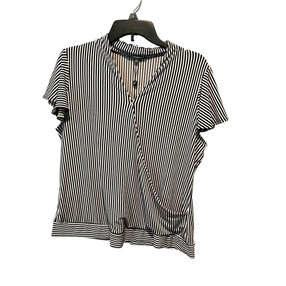 Adrianna Papell Blouse Top Women's Size L Black/White V-Neck Ruffle Short Sleeve